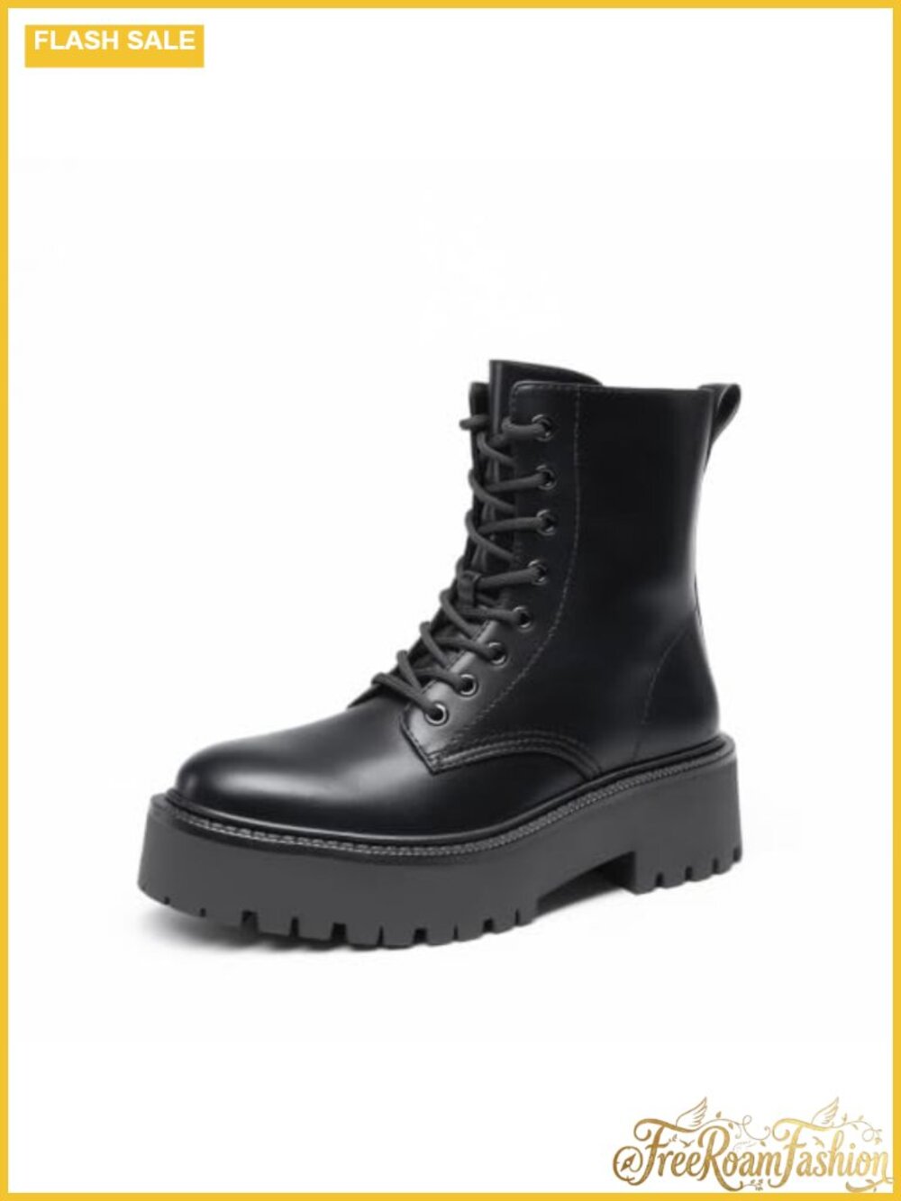 Platform Combat Ankle Boots Faux Leather Zip Block Heel